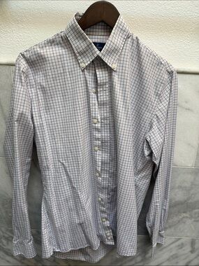 Men's Button-Down Check Shirt - White with Blue & Red Windowpane